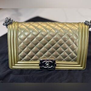 Chanel Medium Boy Bag Gold Metallic Patent RHW 19 Series + Entrupy COA